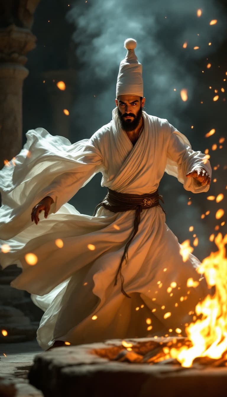 AI generated: Description: The Dervish (tan-skinned Iranian, wise dark eyes, strong brows, white flowing robe, tal...