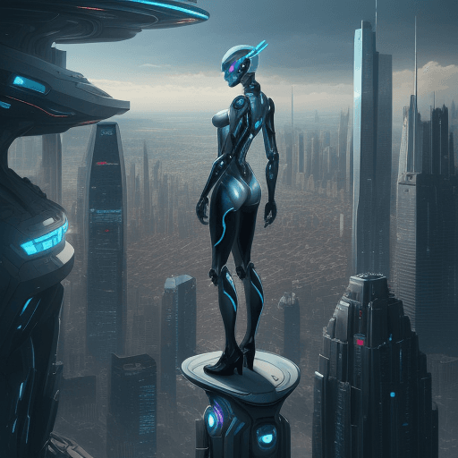 AI generated: A futuristic cityscape with a woman in a sleek, robotic suit standing on a cliff overlooking the cit...
