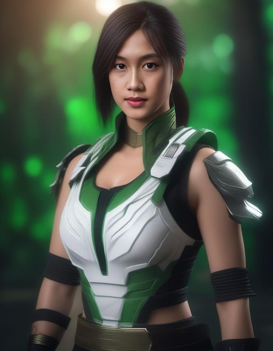 AI generated: Mortal Kombat Jade, unmasked, cyberpunk, outdoor, street, green, hyperrealism, photorealistic, 8k, u...