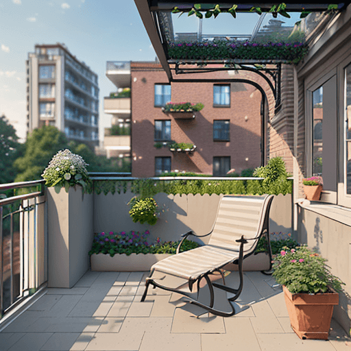 AI generated: SMALL GARDEN ON THE BALCONY OF A MODERN C-SHAPED APARTMENT WITH BRICK FINISH AND PERGOLA vertically ...