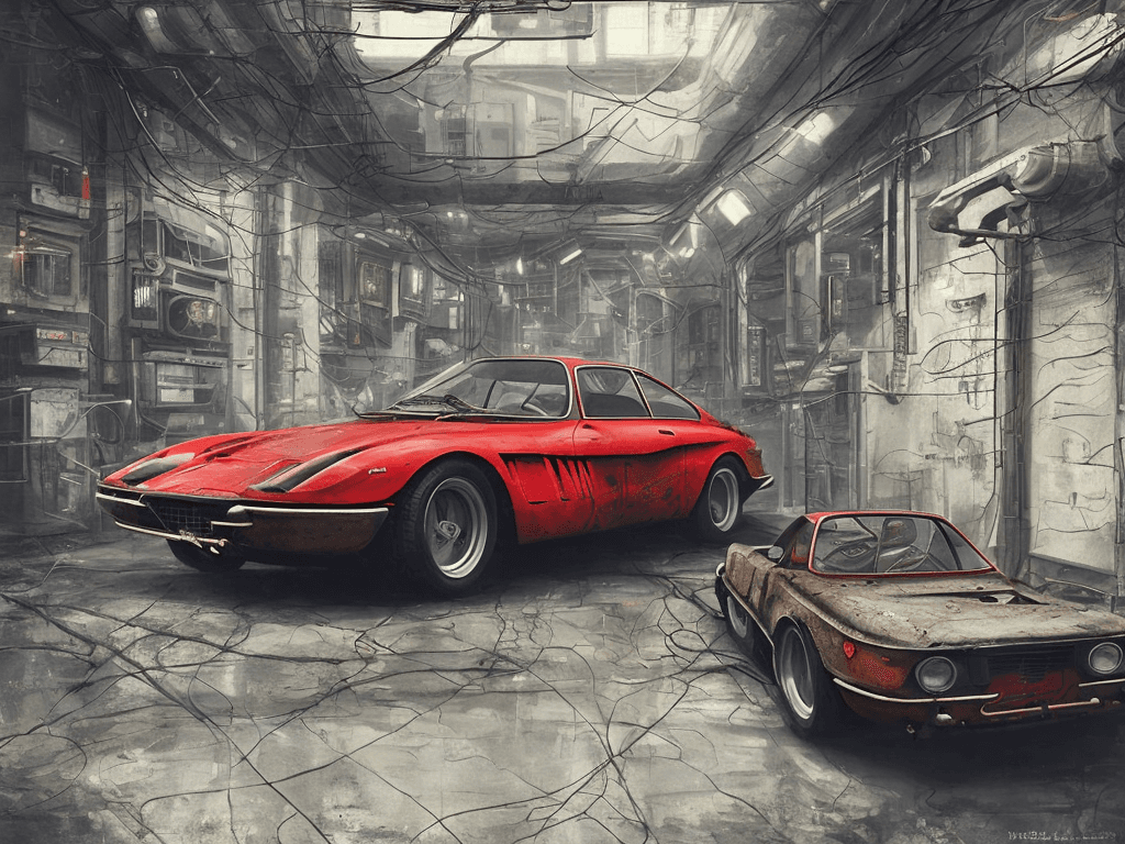 AI generated: hyperrealistic, cyberpunk red vintage ferrari in an very old garage