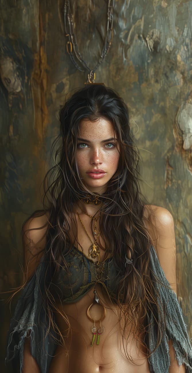 AI generated: 
a woman's portrait with long hair and chainmail armor, in the style of dark gold and dark black, h...