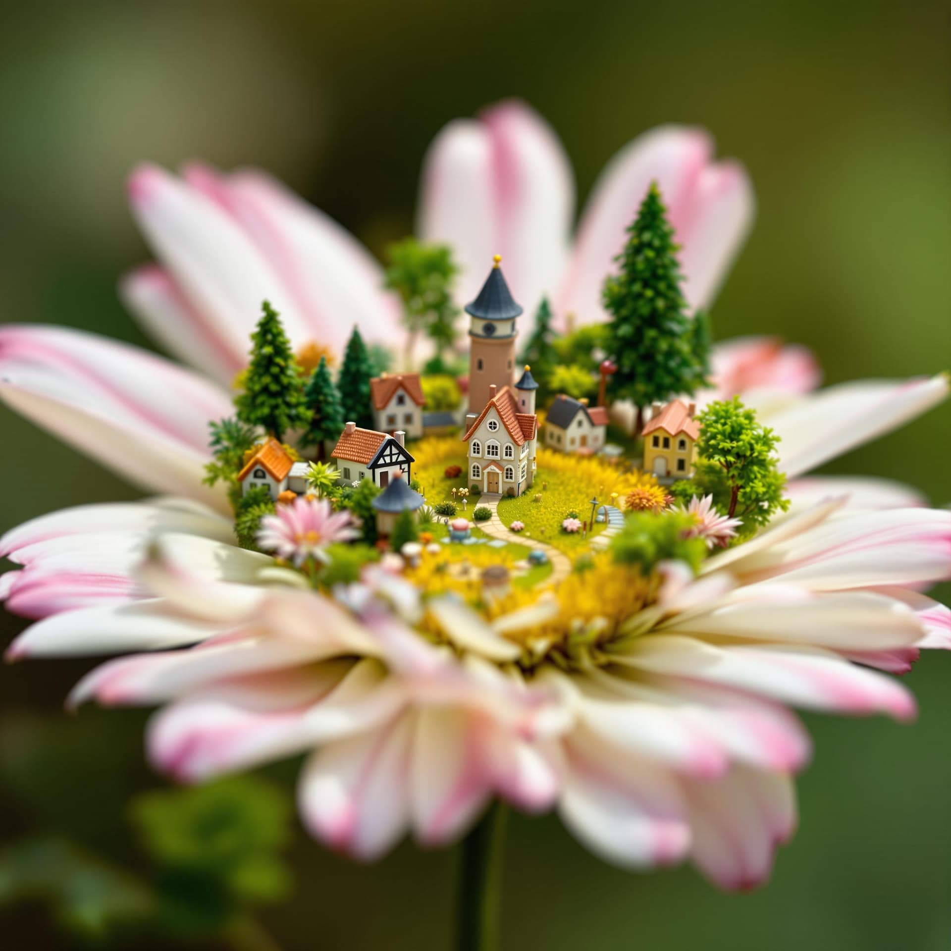 AI generated: macro photography of a miniature little village on top of a flower