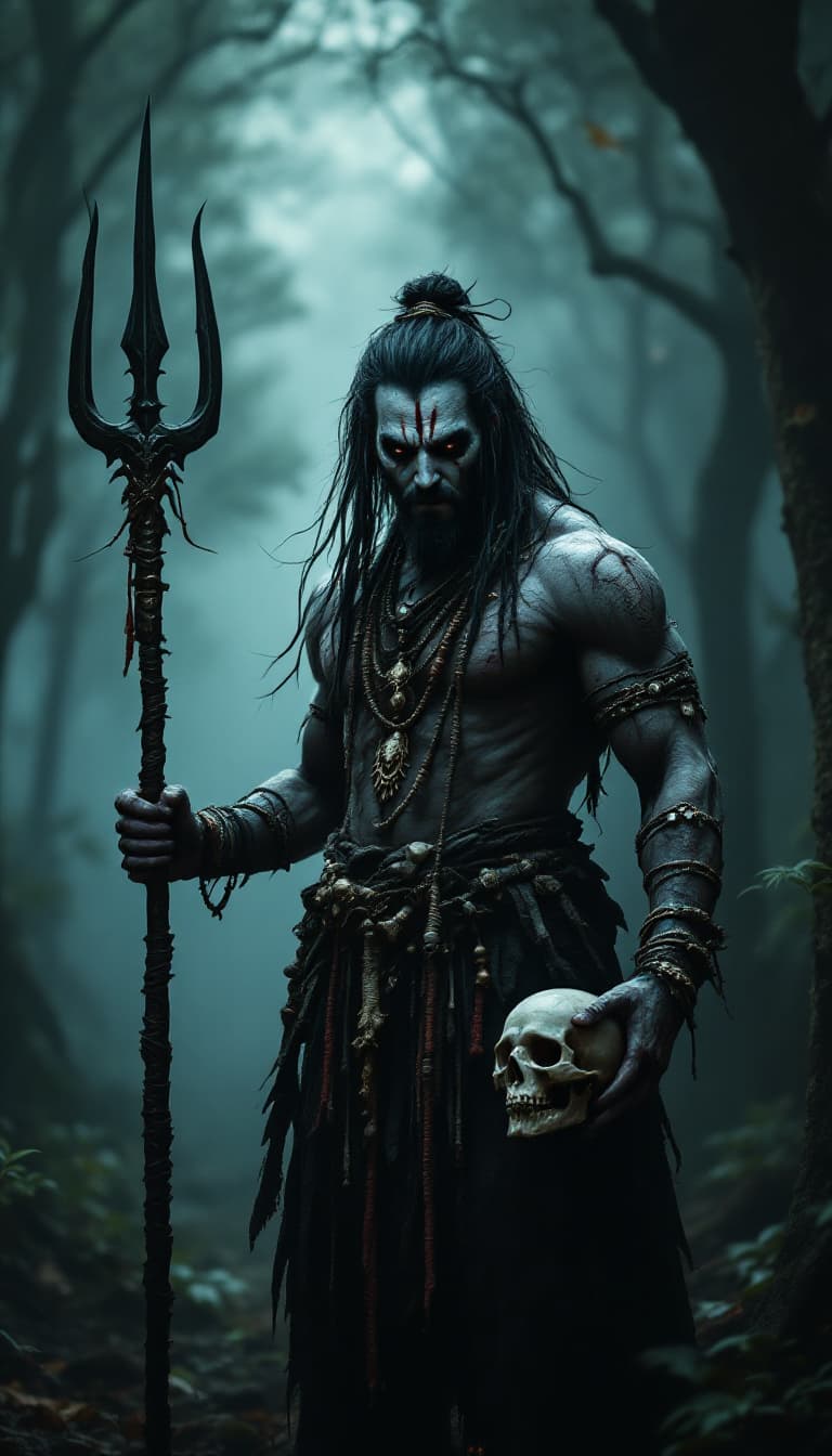 AI generated: HIGH DEFINITION -mysterious and eerie ajay devgun character set in a dark, misty forest at night. He...