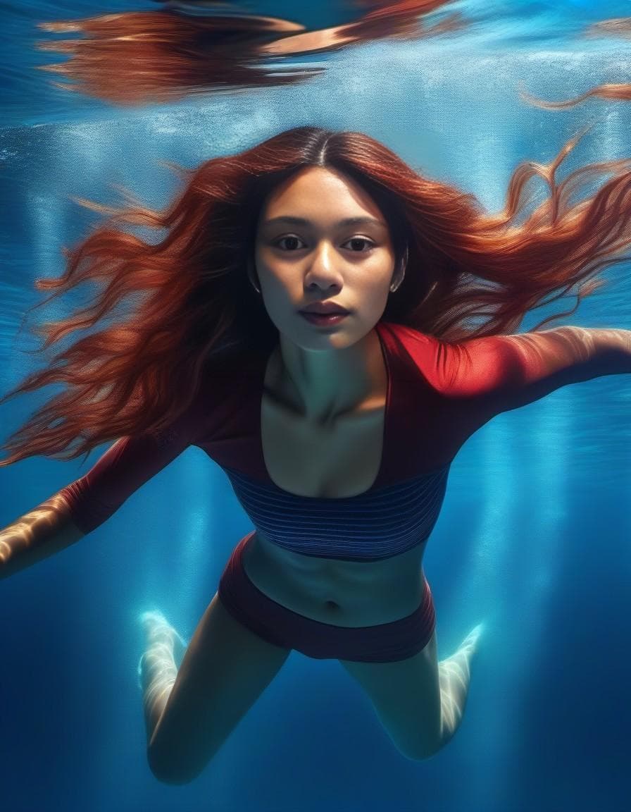 AI generated: A beautiful red hair girl is diving in the blue water, her graceful figure and the light and shadow ...