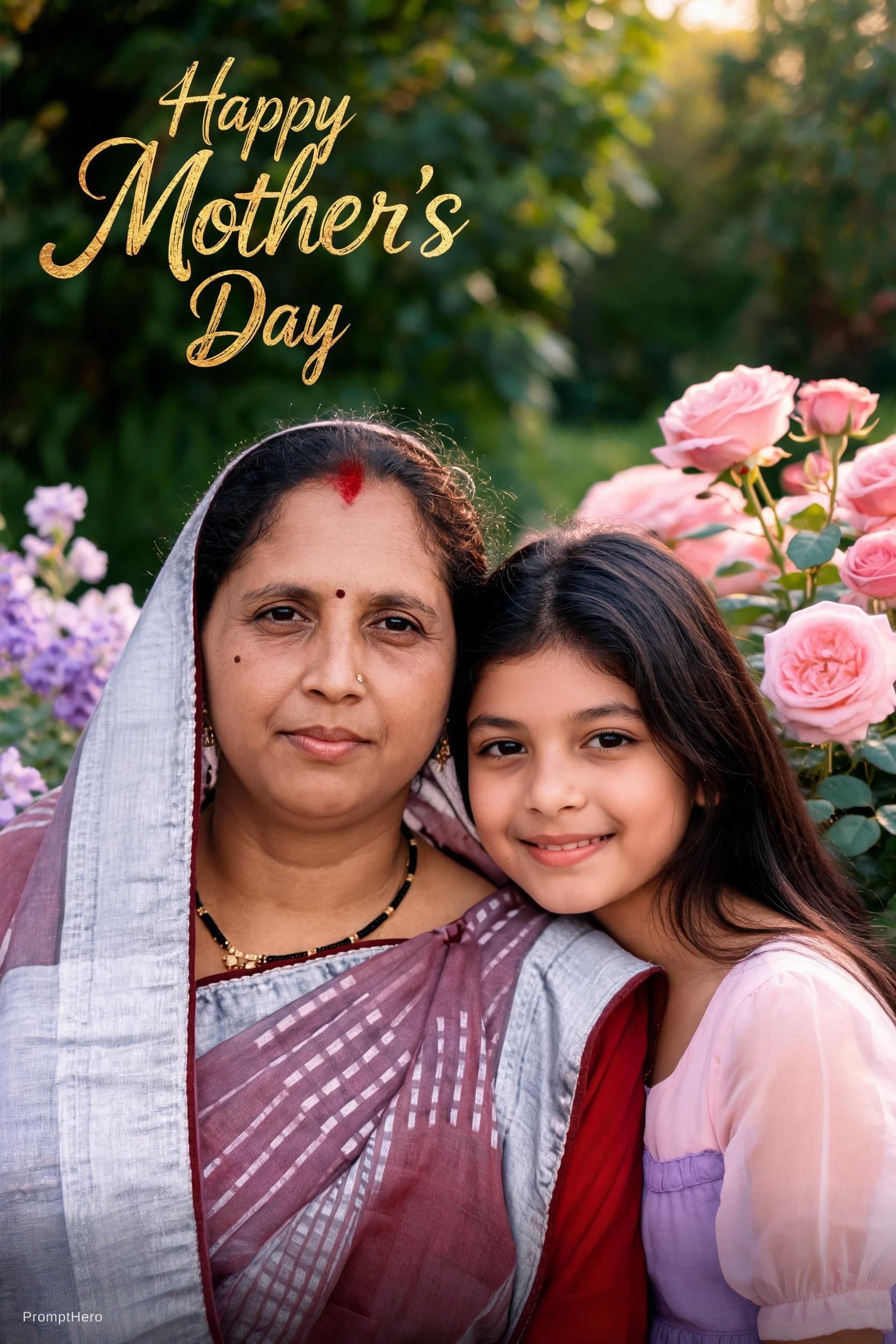 AI generated: [Mother's Day] wishes poster, featuring [a smiling mother and daughter in a blooming flower garden],...