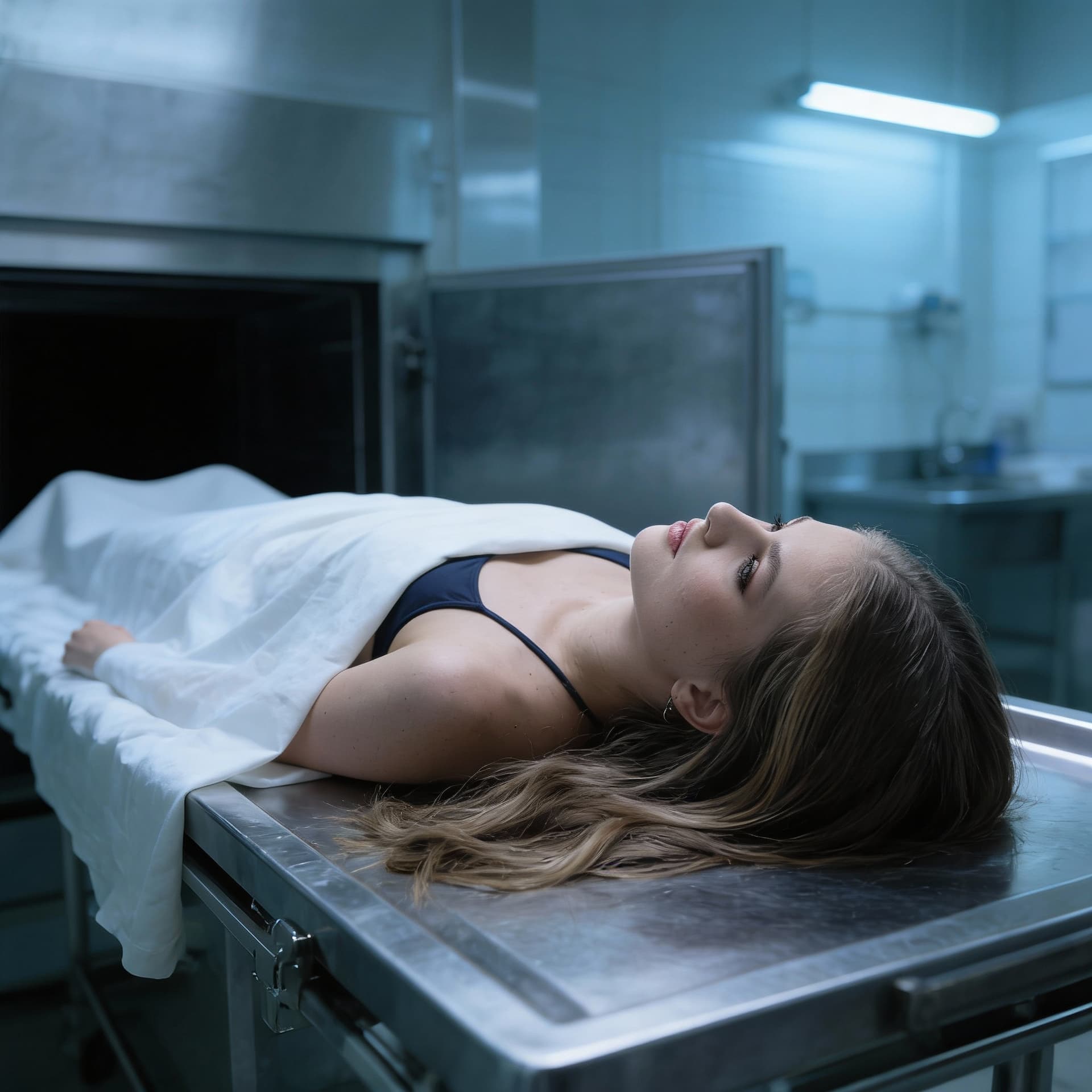 AI generated: dead girl lying on morgue table