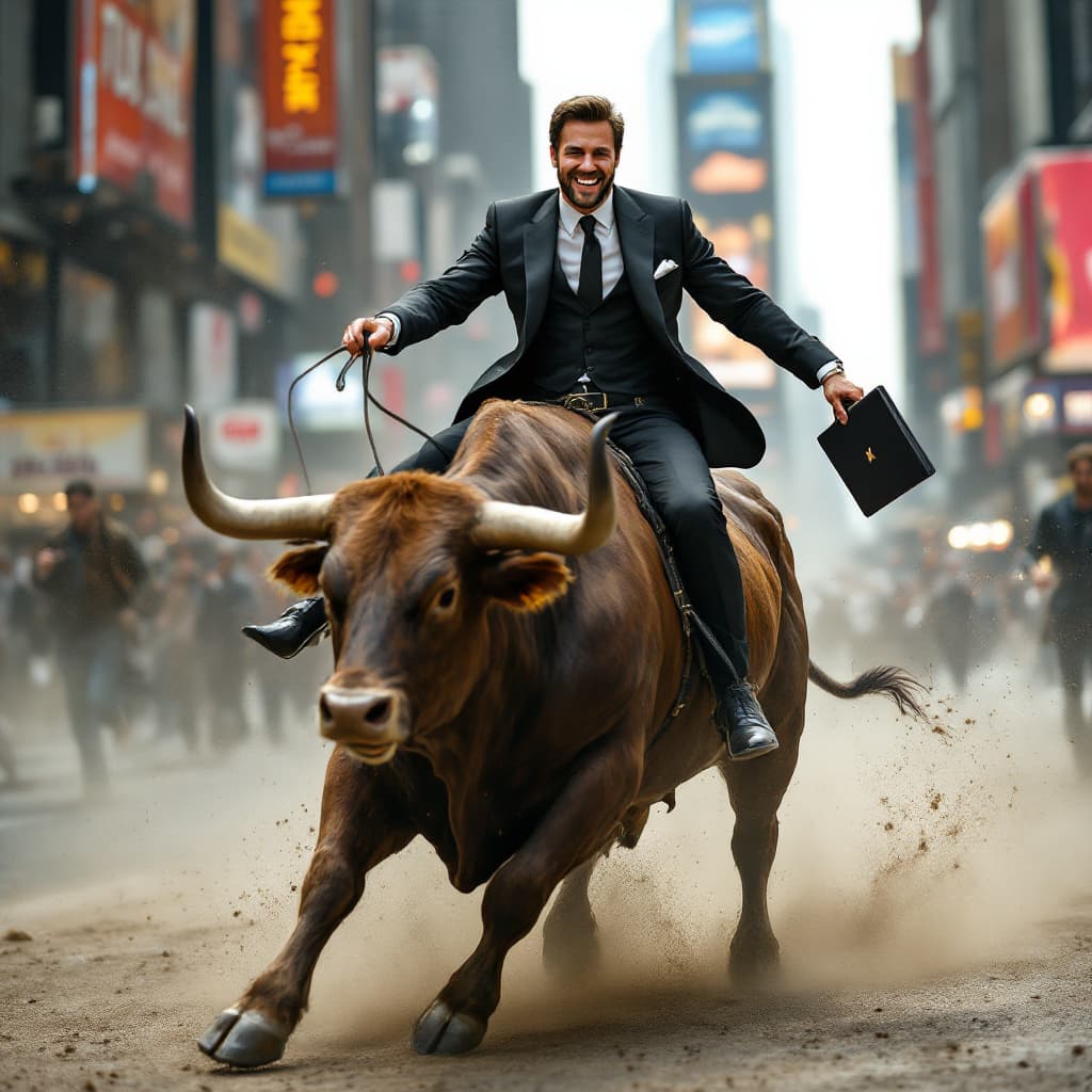 AI generated: A man in a fancy suite, portrayed in stunning realism with intricate details, is riding a powerful b...