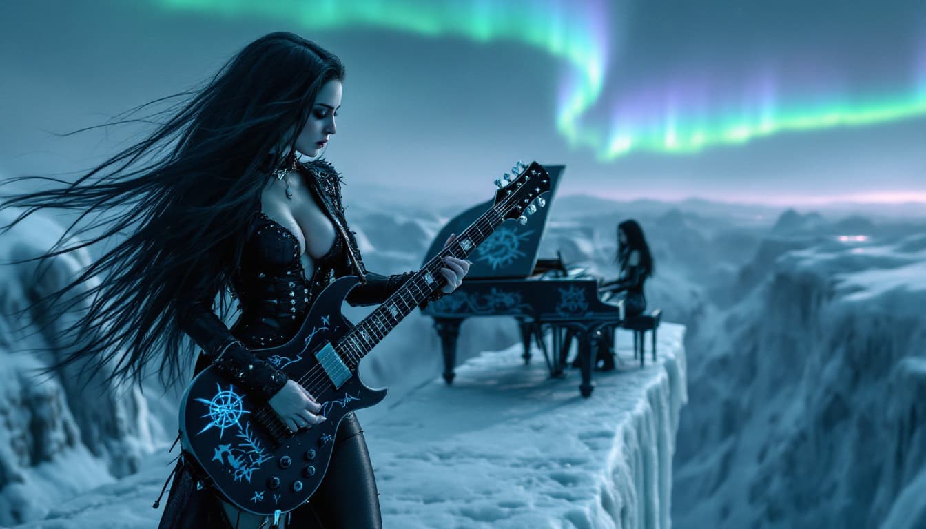 AI generated: a closeup of the gothic maidens with big breasts performing on a narrow, icy bridge suspended over a...