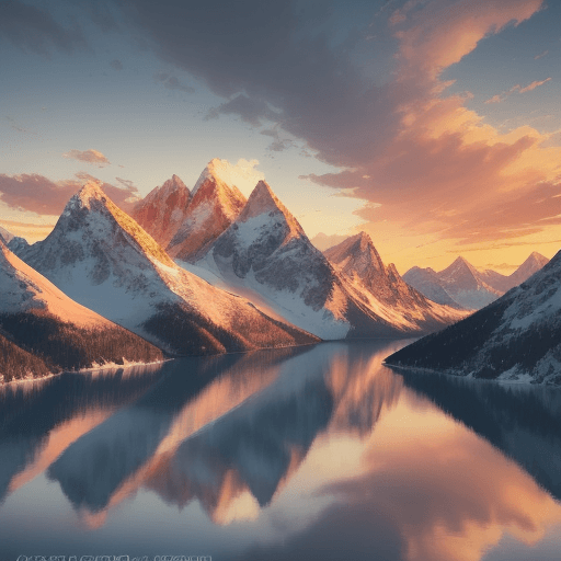 AI generated: Magnificent view of the sunset over a tranquil lake, snow-capped mountains, and clouds, with warm co...