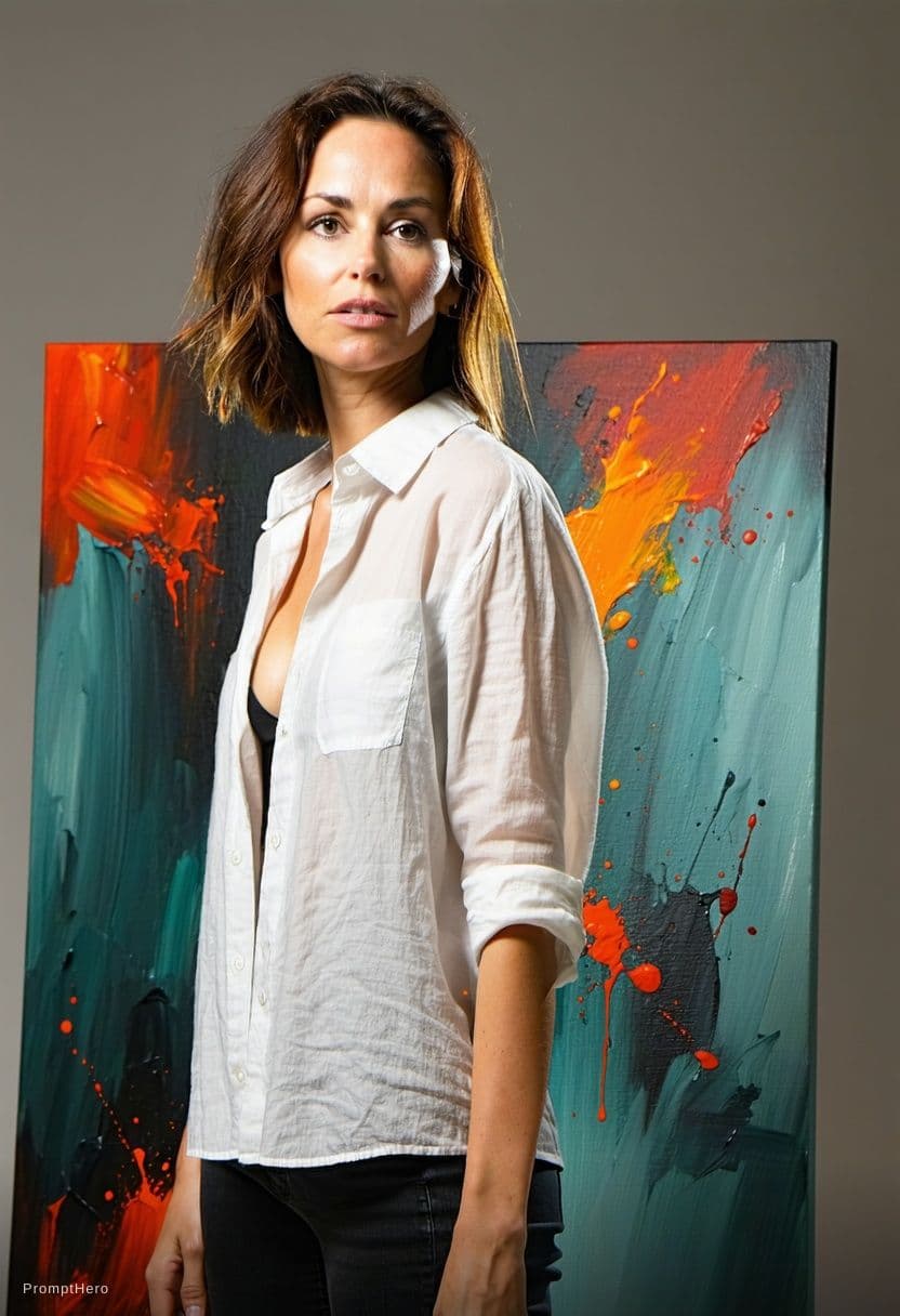 AI generated: 

 stands against an abstract background featuring splashes of red and orange hues on a dark teal ca...