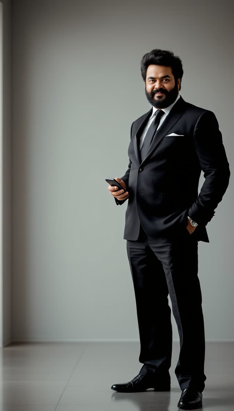AI generated: A full-body image of Malayalam actor Mohanlal with perfect anatomy, standing in a relaxed yet comman...