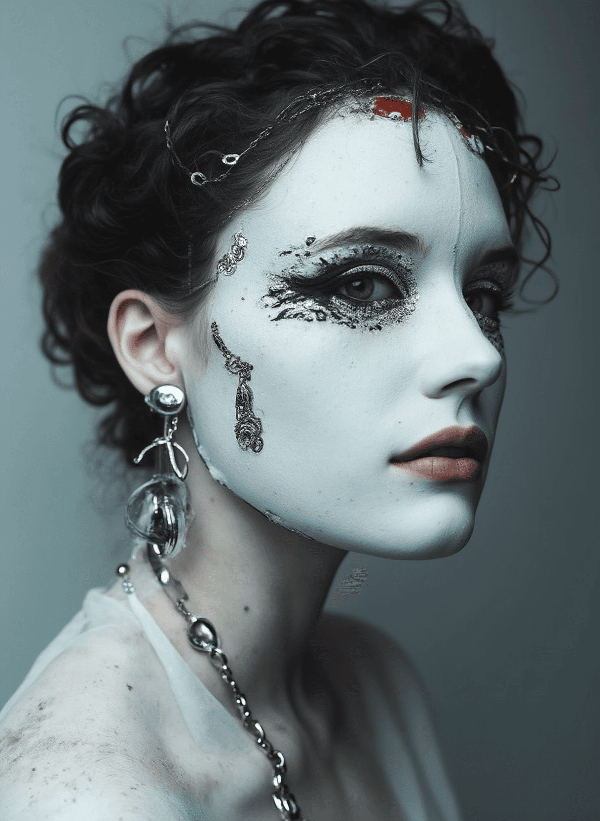 AI generated: A woman wearing a white mask with chains and silver jewellery, with porcelain skin, in the style of ...