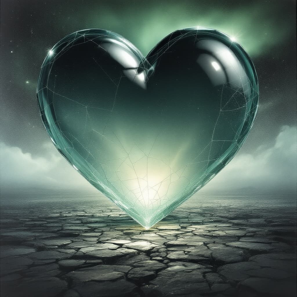 AI generated: A landscape of a heart made of glass—cracked, yet still letting light pass through."