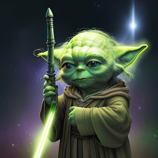 AI generated: YODA in cosmos, 4k, light sword, background, happy YODA, friends