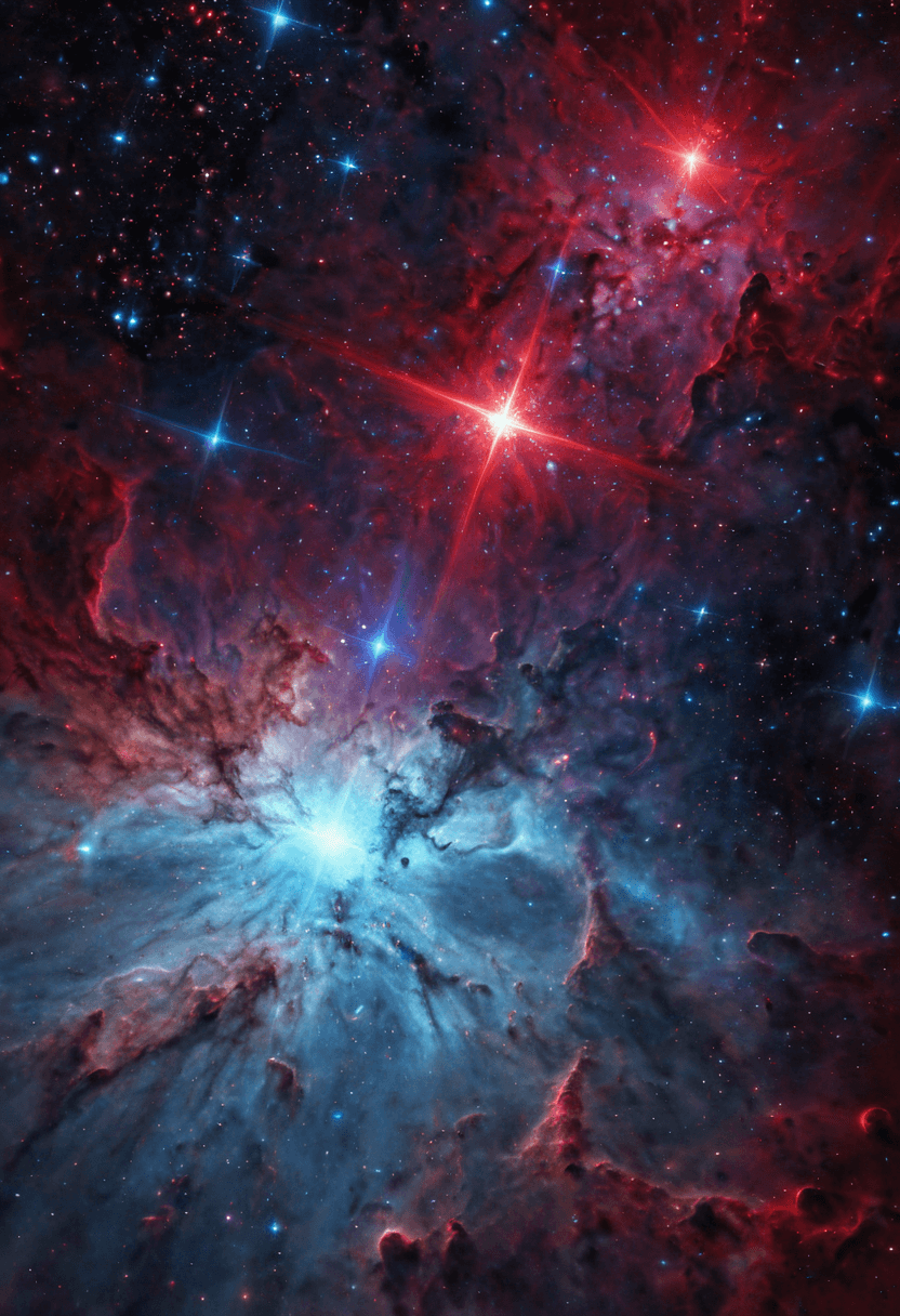 AI generated: A high detail cosmic nebula with vibrant reds and blues, dynamic colors and shifting lights, intrica...