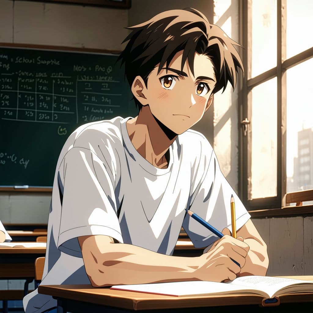 AI generated: "1 boy, solo, sitting in a school room, half body cinematic anime style (Ufotable, Mappa) , determin...