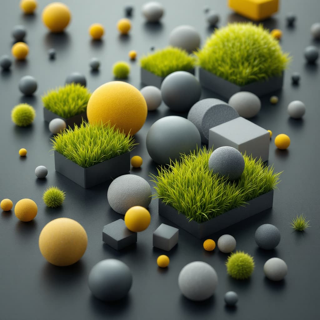 AI generated: 3D geometric shapes, grassy greens and bright yellows, extreme greys, various smooth textures, trans...