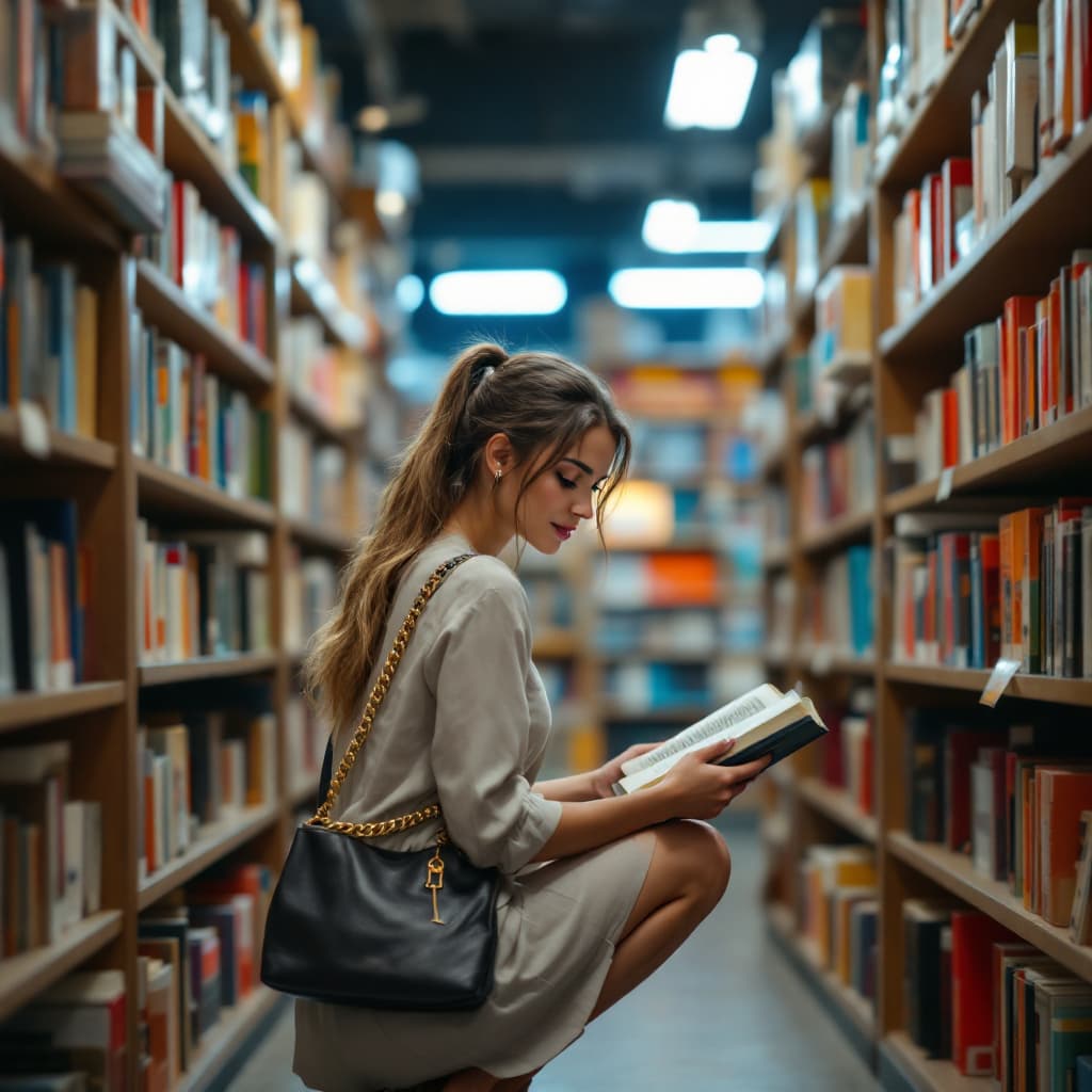 AI generated: Create an image of a hot woman crouched down browsing a book in a cozy bookstore. She has long, ligh...