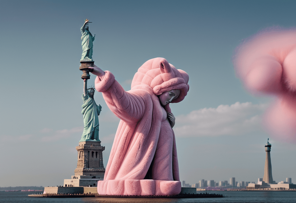 AI generated: Statue of Liberty wearing a pink fluffy fur coat, 8k octane rendering, high resolution photography, ...