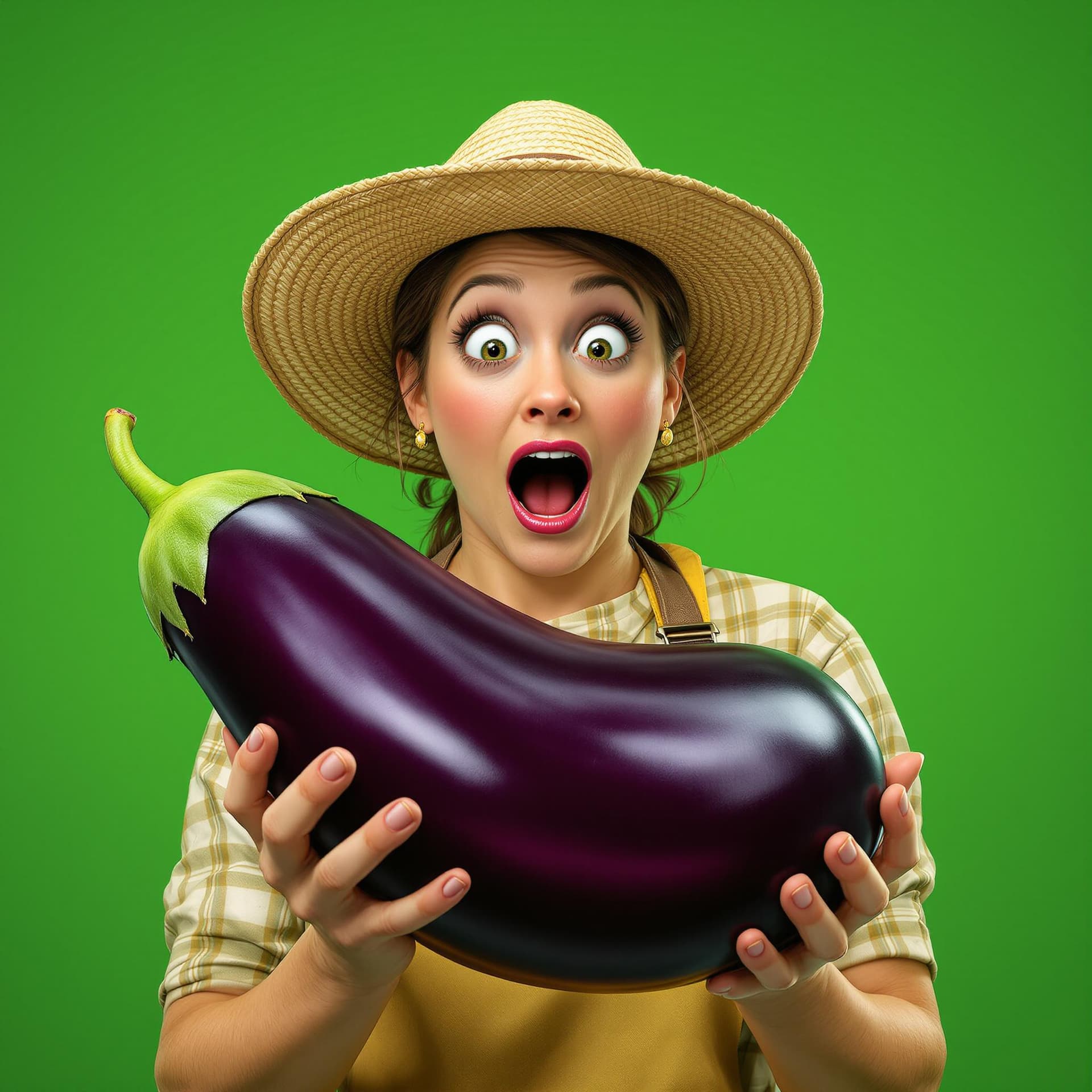 AI generated: A surprised female farmer in a straw hat and apron holding a giant, shiny eggplant like it's a sacre...