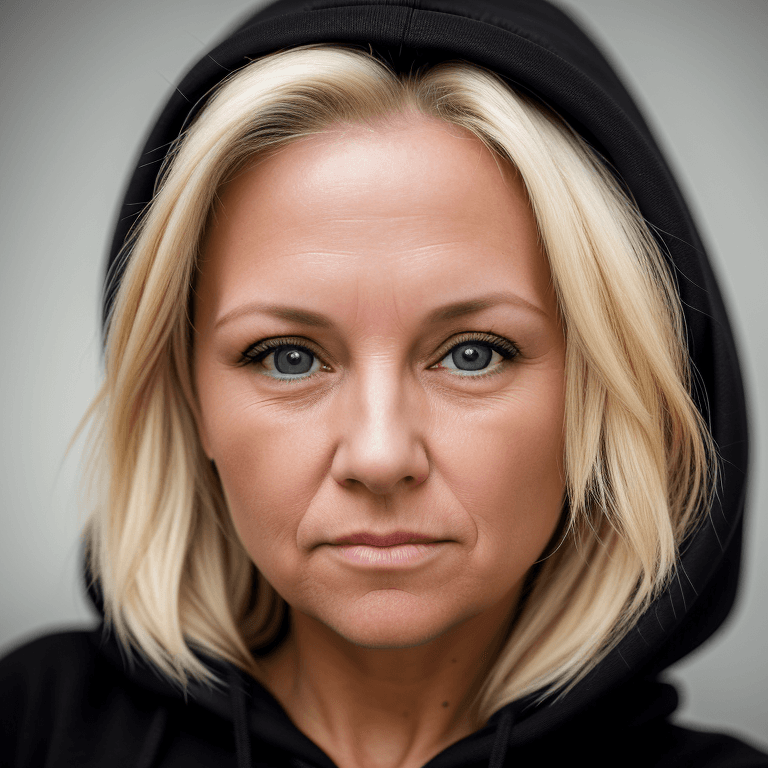 AI generated: hyper realistic headshot photo of a 45 year old woman, wearing a black hoodie, blonde long hair,  lo...