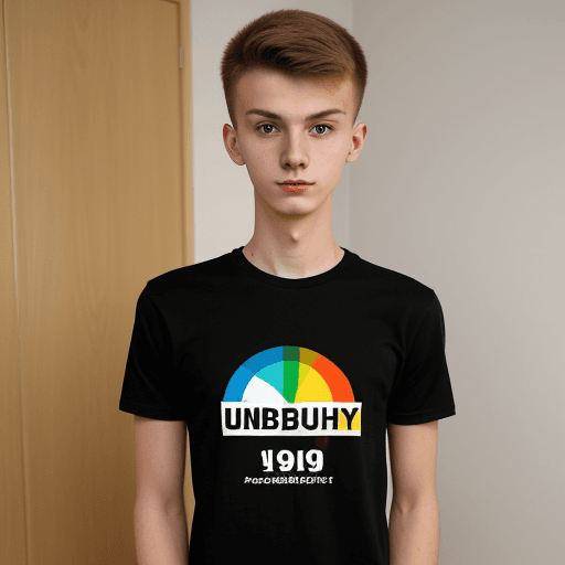 AI generated: 19 year old polish boy, starting with university, shy, very skinny, black t-shirt with colorful logo