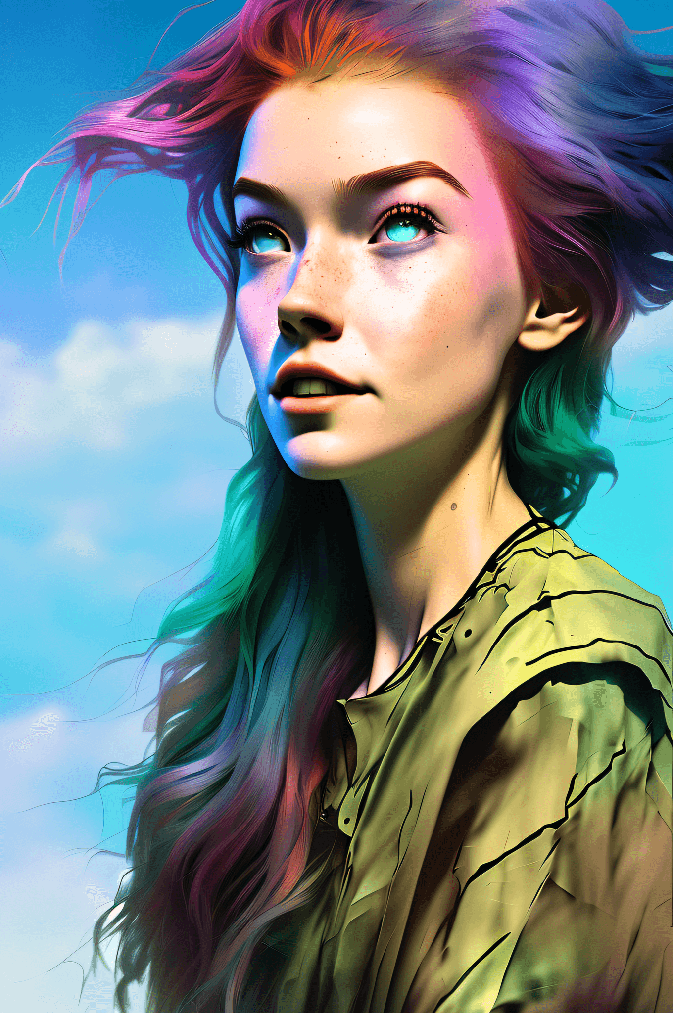 AI generated: realistic digital portrait of a young woman looking at far, (ocean in the background), blue_sky, int...