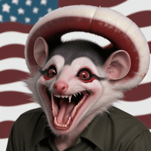 AI generated: an opossum hissing angrily about commies. American flags. Beer. Words to display are "hiss at commie...