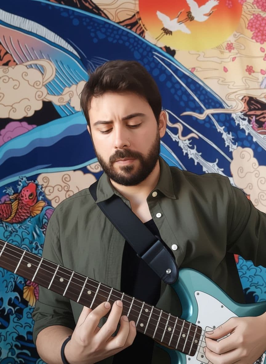 AI generated: Quiero que me dibujes a este tipo tocando una guitarra eléctrica lo más parecida posible a la que ti...