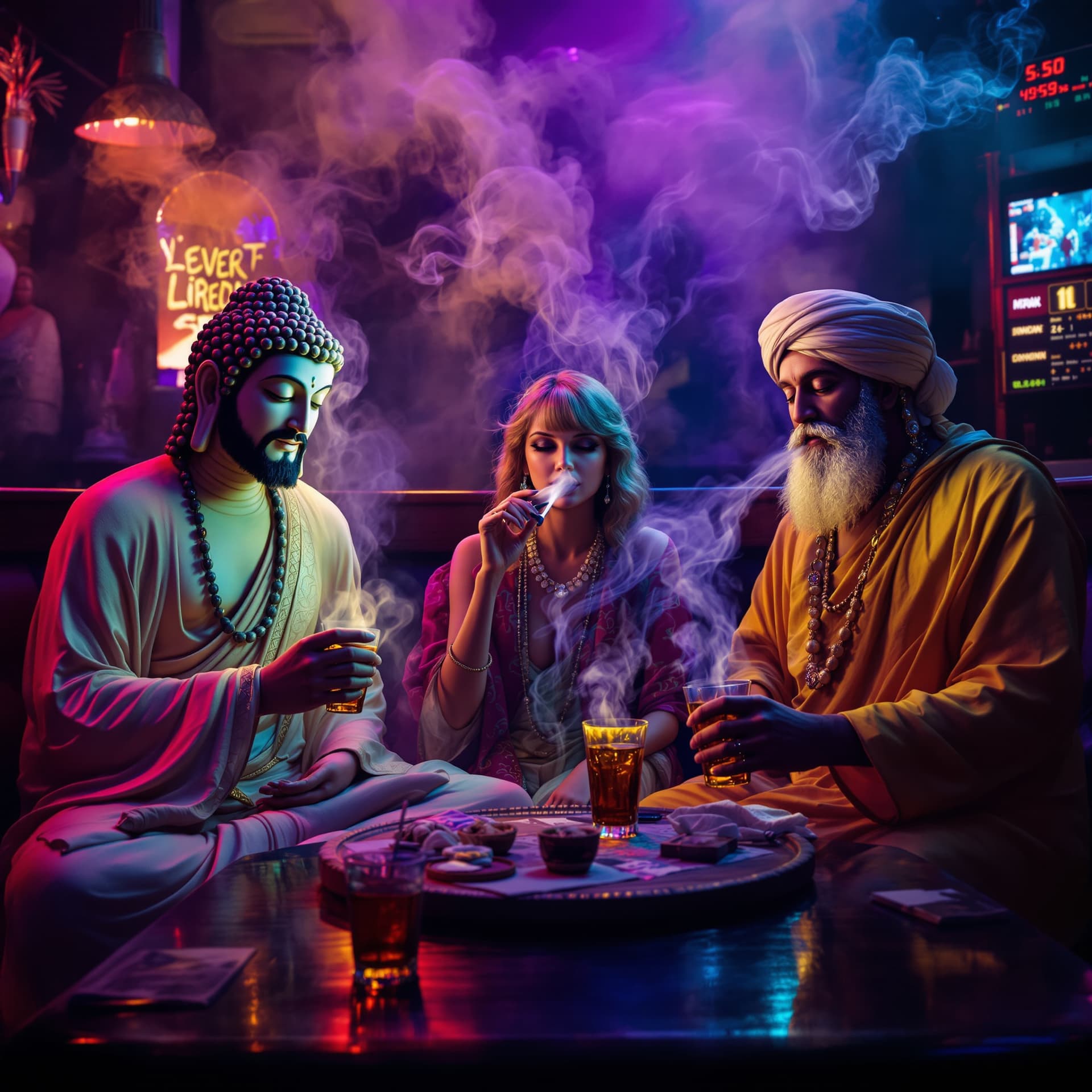 AI generated: Psychedelic, surreal. high resolution photography, front shot of, Buddha, Jesus, and Mohammad, all s...