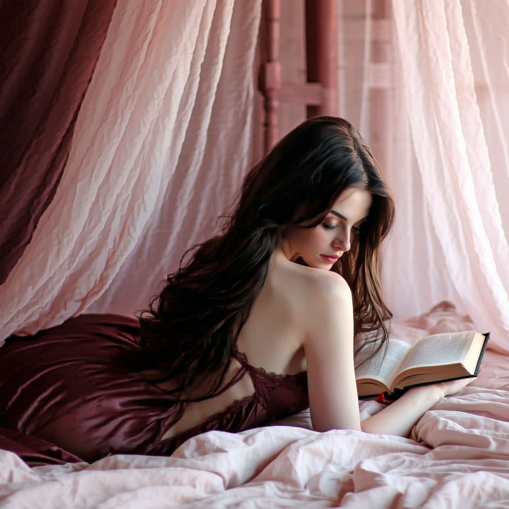 AI generated: A slender woman with long, dark, flowing hair, wearing a maroon spaghetti strap nightgown with lace ...