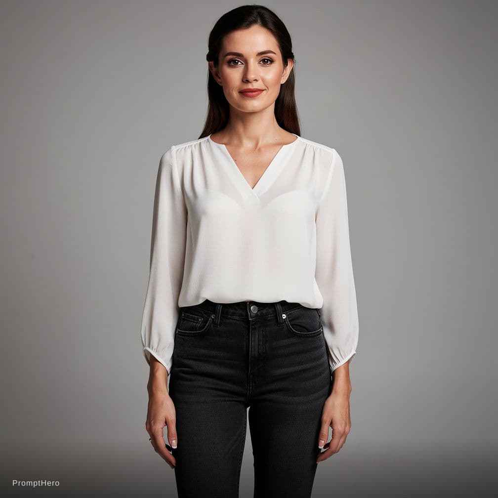 AI generated: A full body photorealistic portrait of Abigail Shapiro wearing a shirt made of thin white fabric. Th...