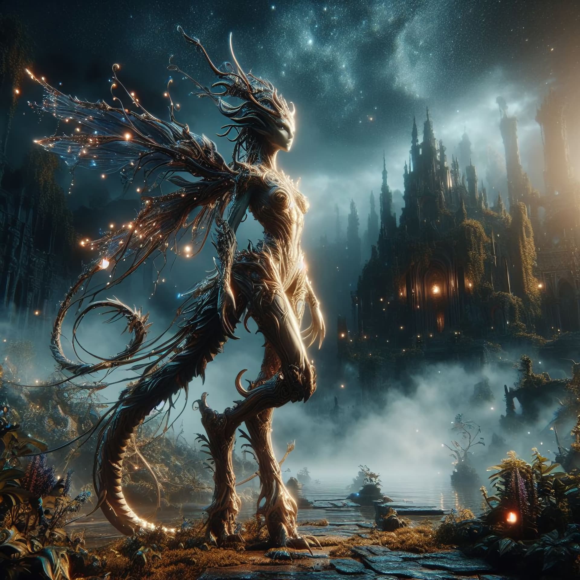 AI generated: full body portrait of a beautiful fantasy creature,shiny,professional photography, masterpiece, unre...