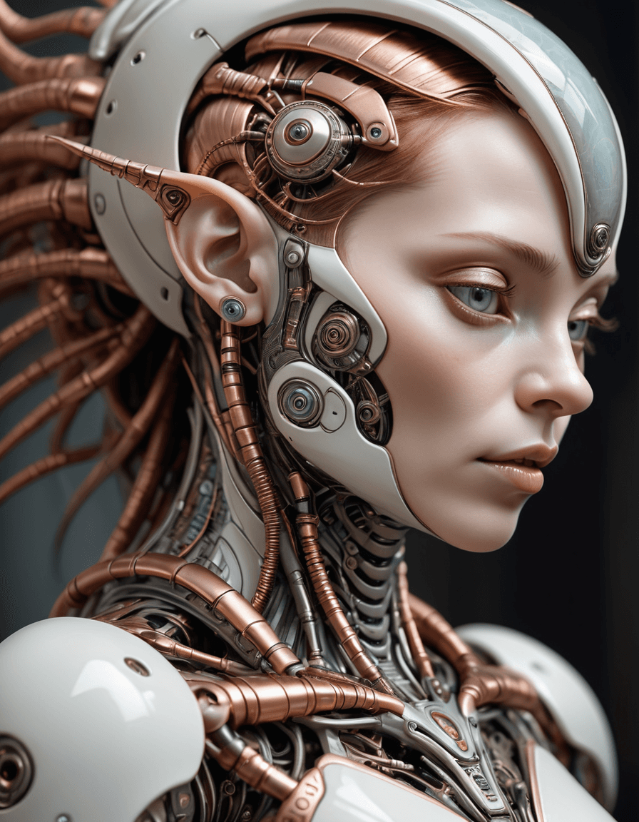 AI generated: makro close-up, profile angle, female alien cyborg art and illustration by theo el, in the style of ...