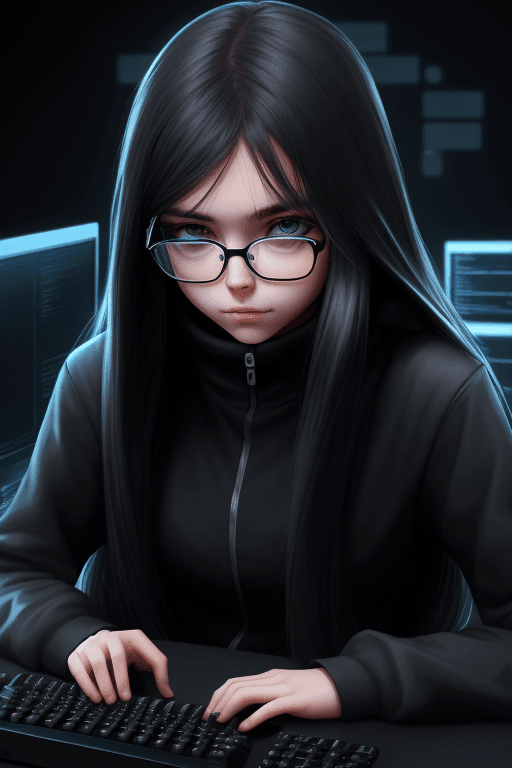 AI generated: hacker, dark room, code, computer, girl, long hair, cool, cute, (typing), ultradetailed, detailed fa...