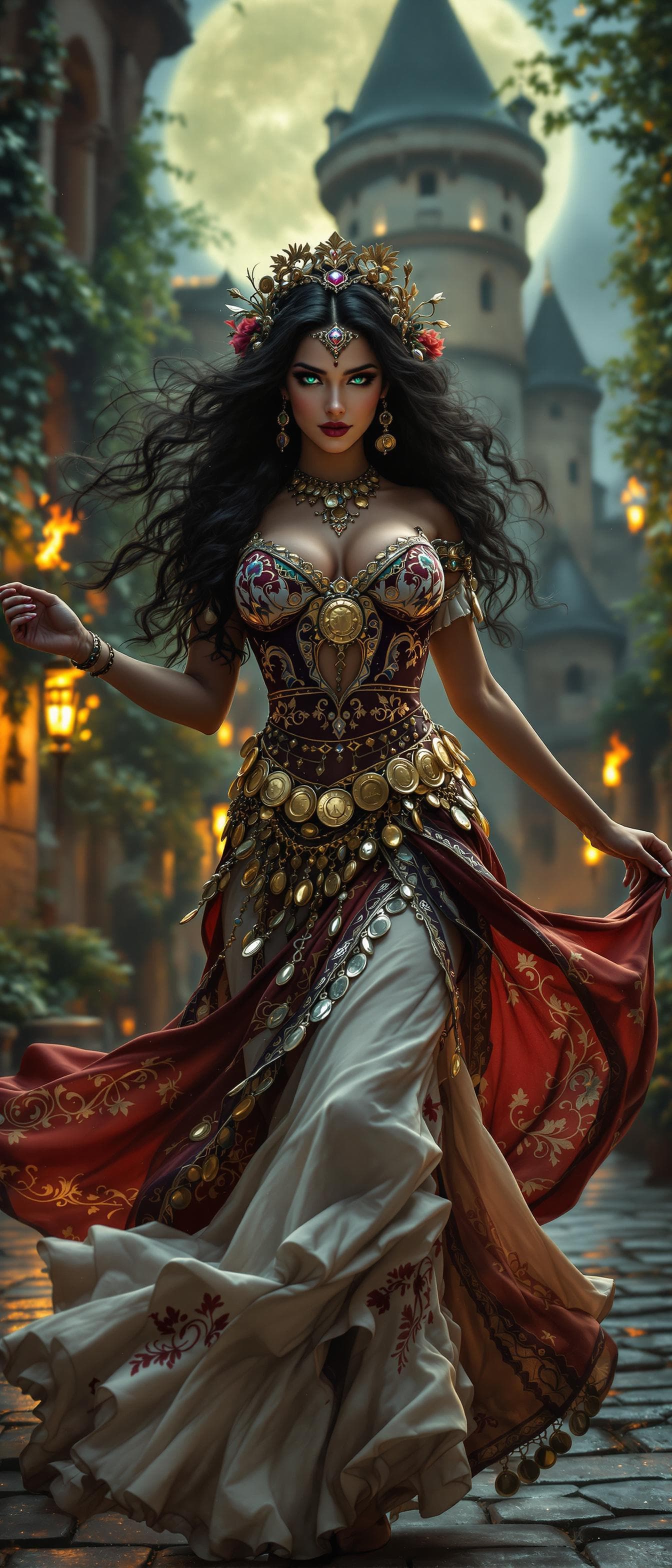 AI generated: A breathtaking curvy gypsy dancer with piercing green eyes and dark wavy hair, wearing a richly deco...