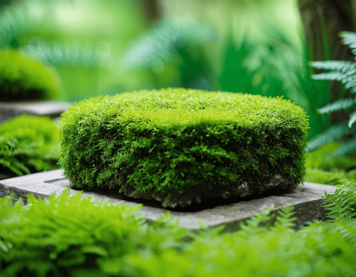 AI generated: A moss-covered rock podium in the nature background, trending on cg society, stage, beautiful day, e...