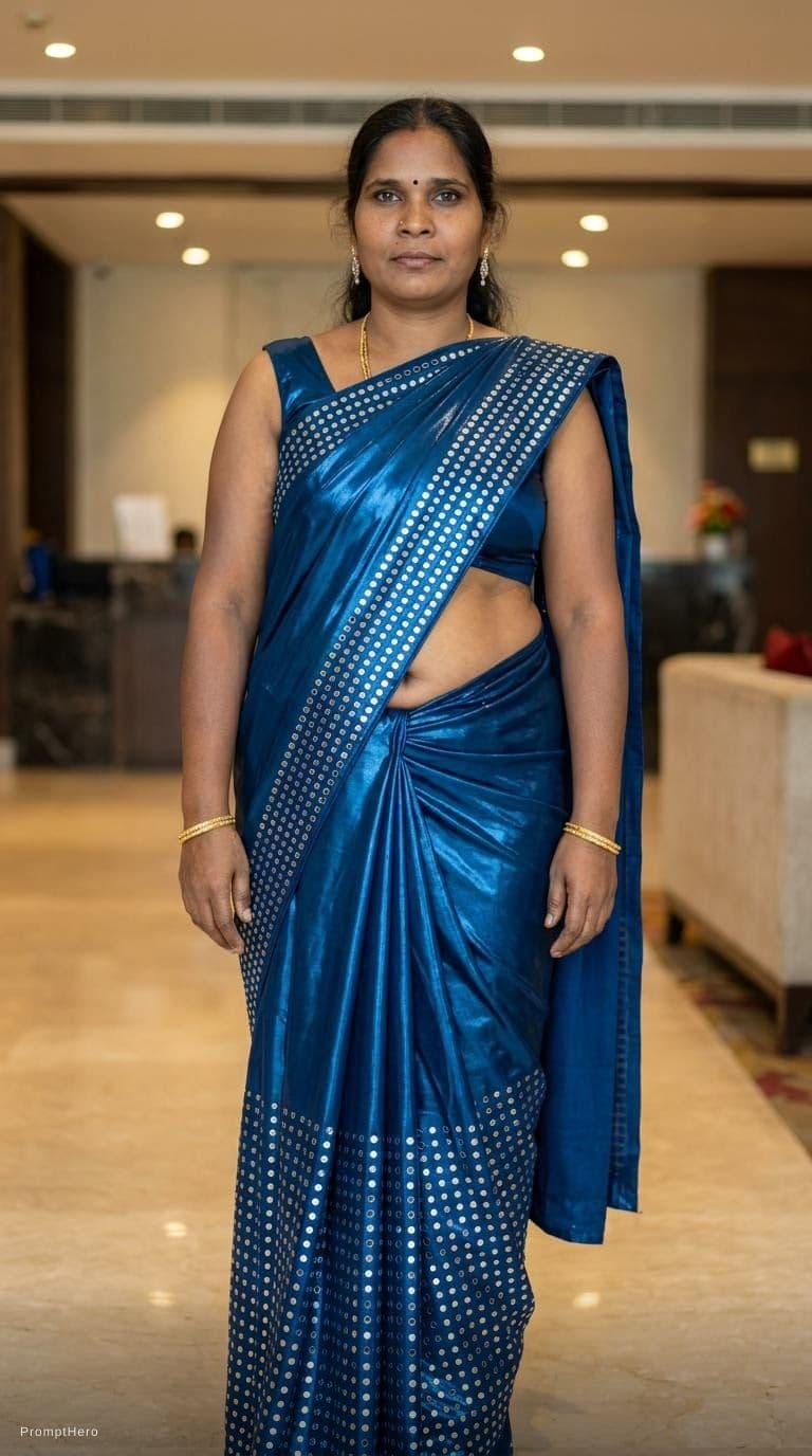 AI generated: Tamil girl. modern sexy glossy mirror saree, wearing saree saree saree model. glossy mirror saree Na...