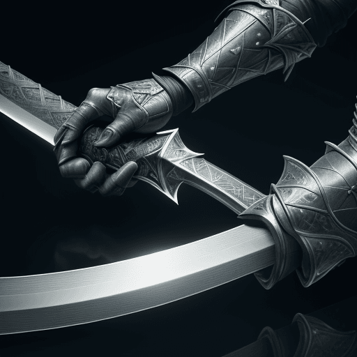 AI generated: close-up view of a knight wielding a long black sword, intricate design and the reflections along it...