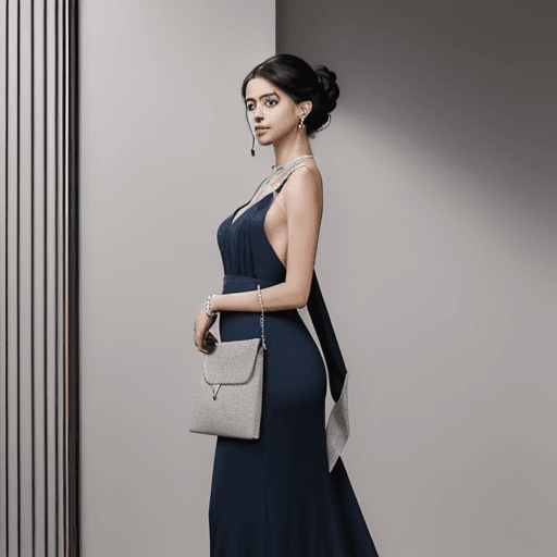 AI generated: A woman stands elegantly indoors with her hair in an updo, wearing a fitted, sleeveless navy blue dr...