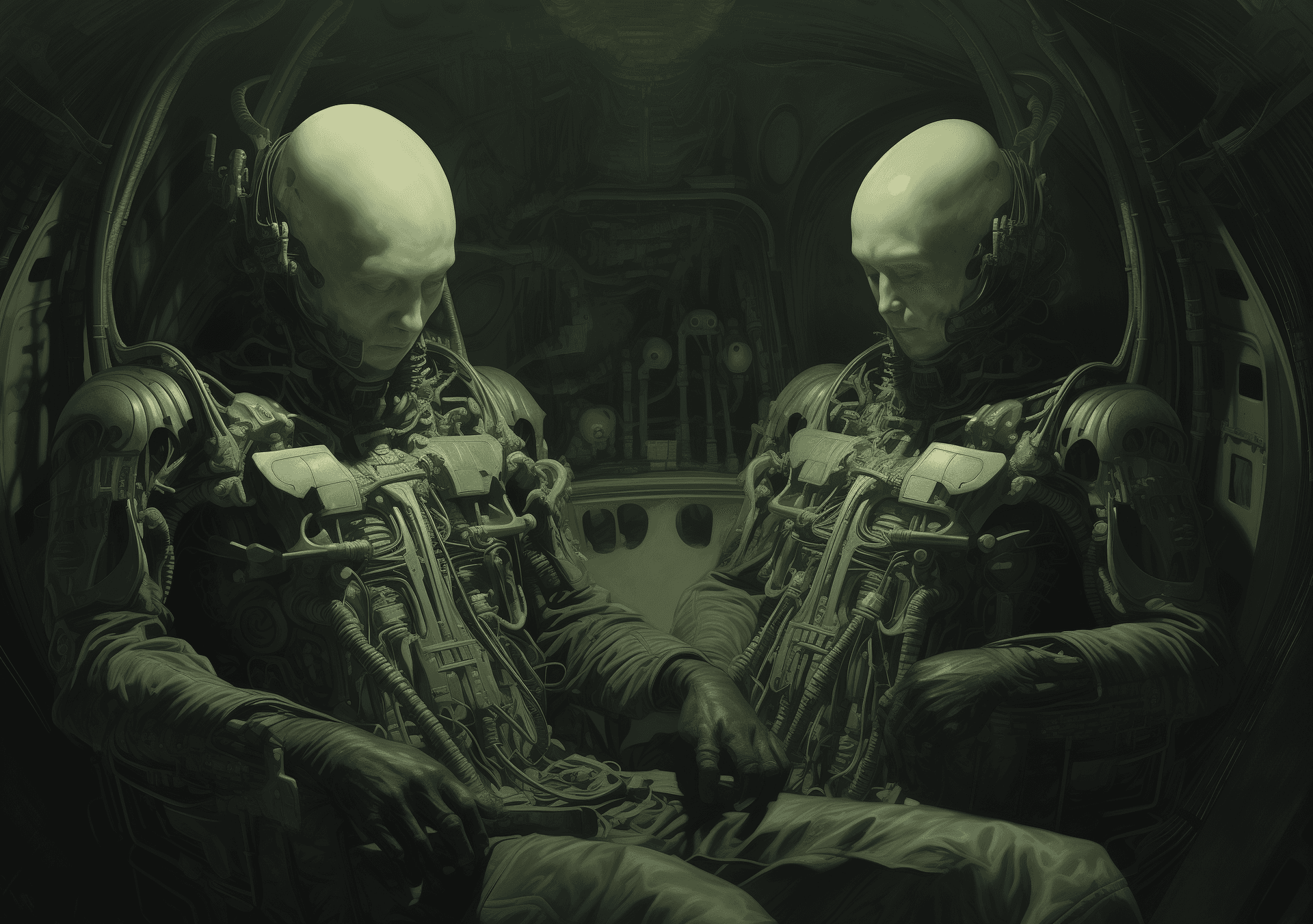 AI generated: A painting of two people in space suits working on the interior of an old spaceship, with dark gray ...