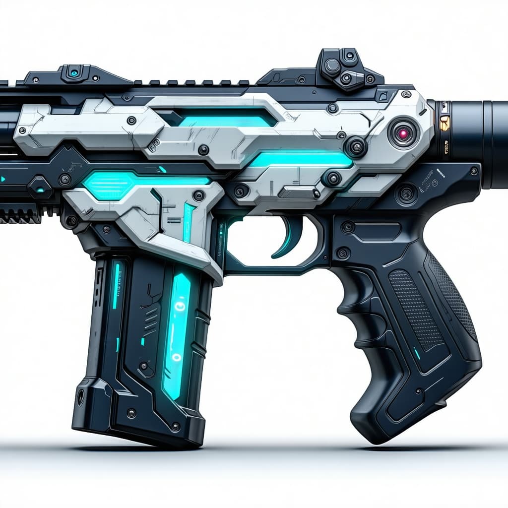 AI generated: Design a chunky, clearly fictional weapon for Our’World. Broad muzzle, soft rubberized grip, inset g...