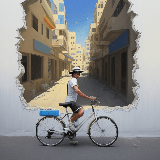 AI generated: A man in white FEDORA hat white tank-top khaki shorts blue VIBRAM shoes black belly-bag at hip round...