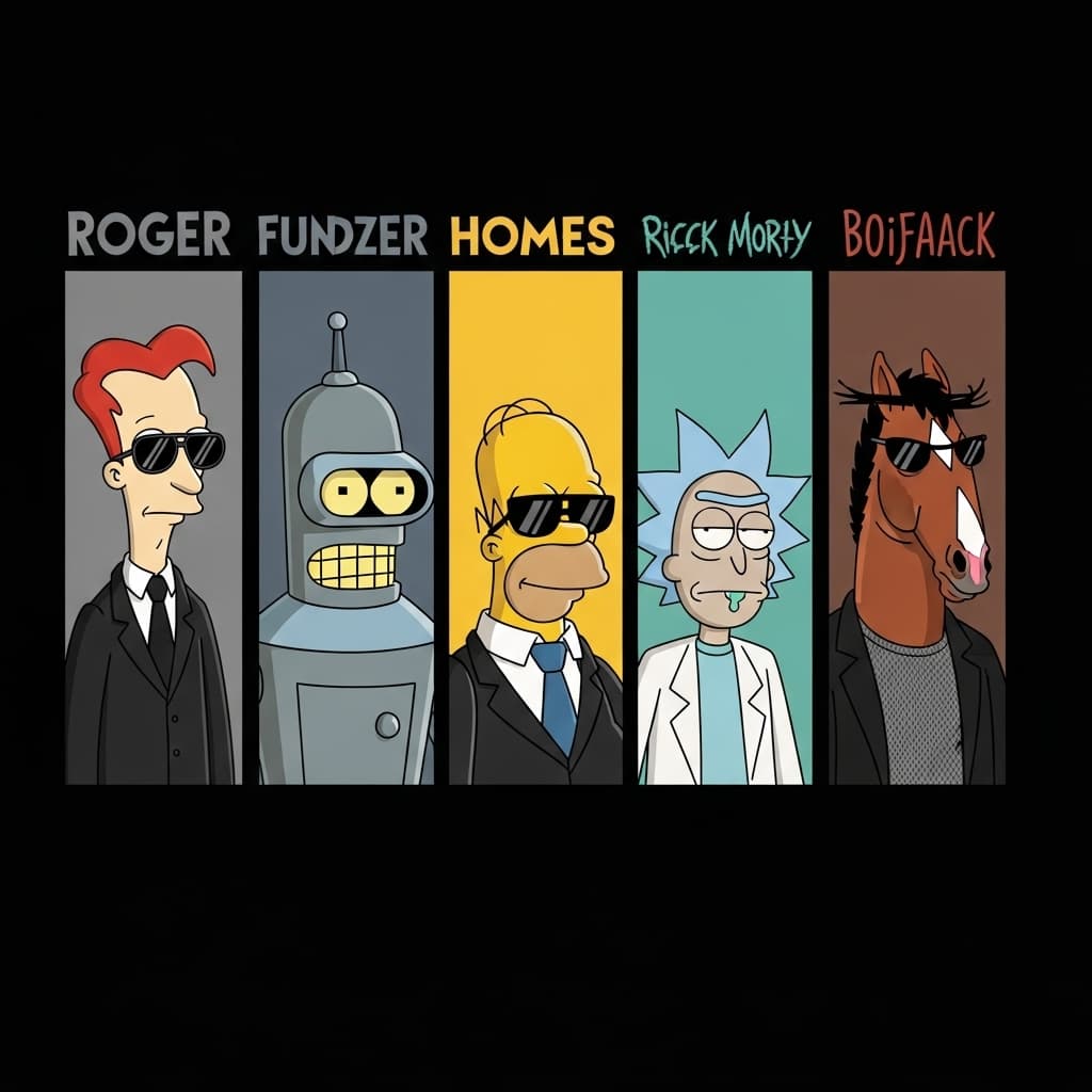 AI generated: Cartoon illustration of Roger from American Dad, Bender from Futurama, Homer Simpson from The Simpso...