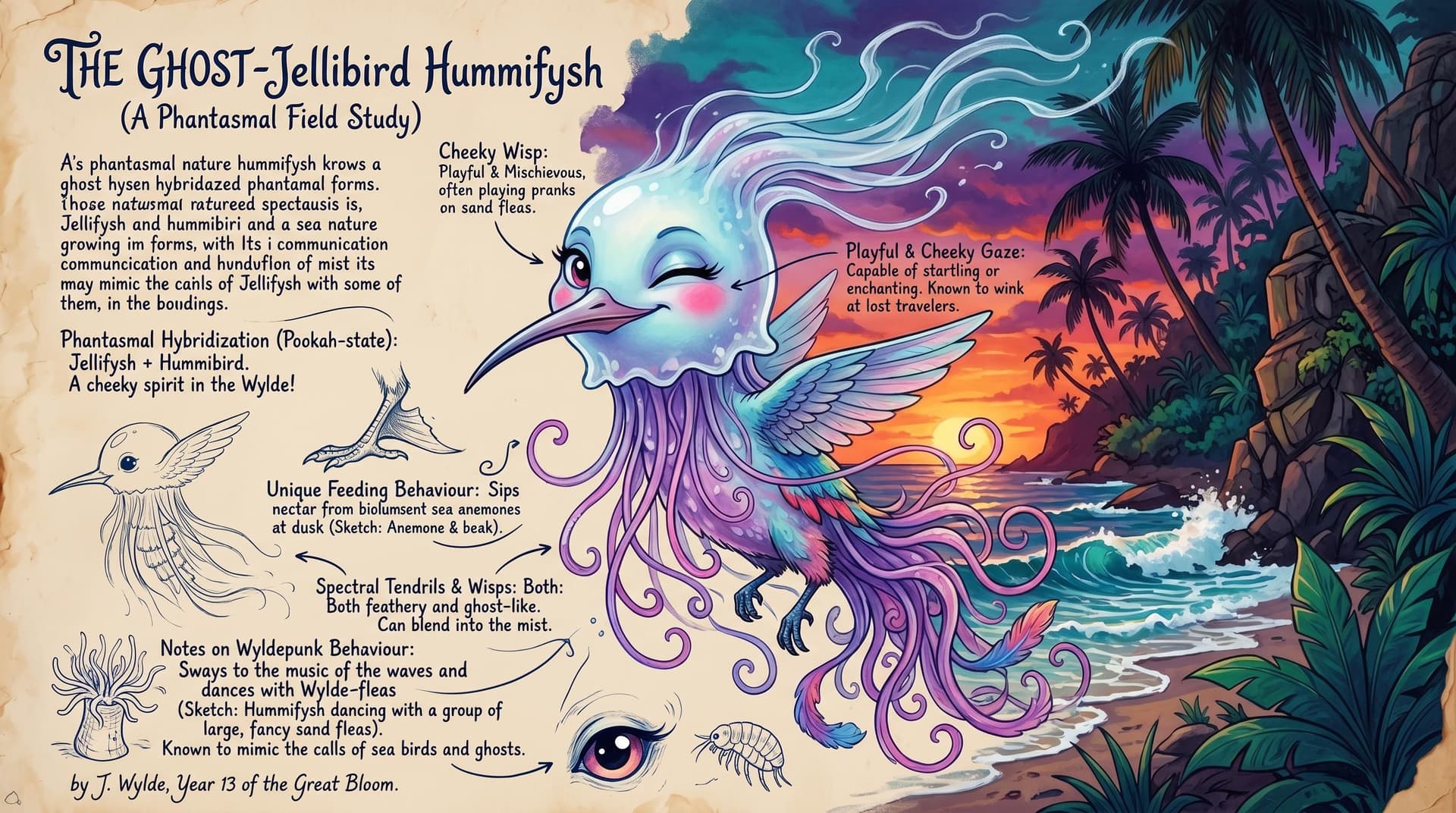 AI generated: A whimsical field guide study featuring a phantasmal ghost in the form of a jellyfish blended with a...
