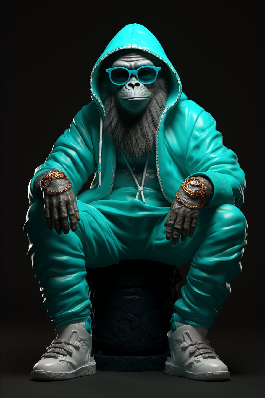 AI generated: king of apes, fashion casual ape, sneakers, sunglasses, jeans pants, futuristic background, full fig...