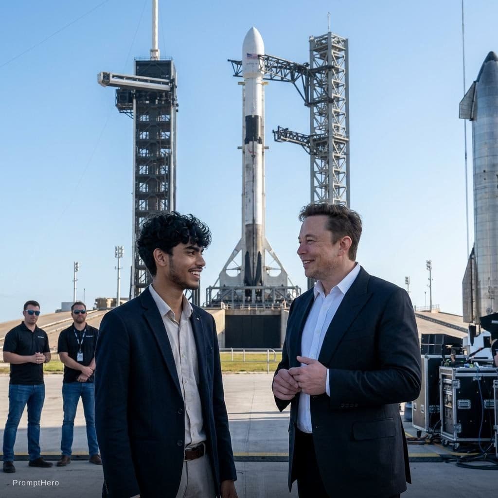 AI generated: with Elon Musk in front of a SpaceX rocket, professional setting