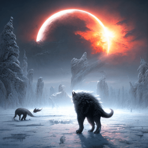 AI generated: Starvation black monster wolves with red eyes, fight in the ice age Scenery, : concept art::1 cyberp...