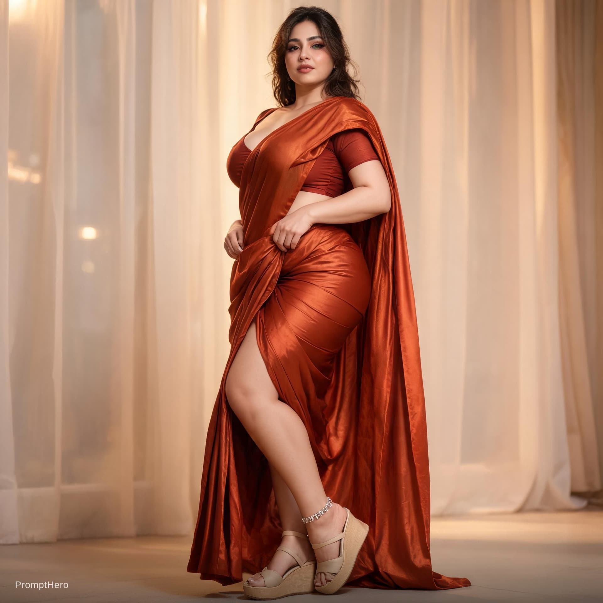 AI generated: Super Hot super sexy curvy Indian women in saree wearing wedge heels and anklet 
